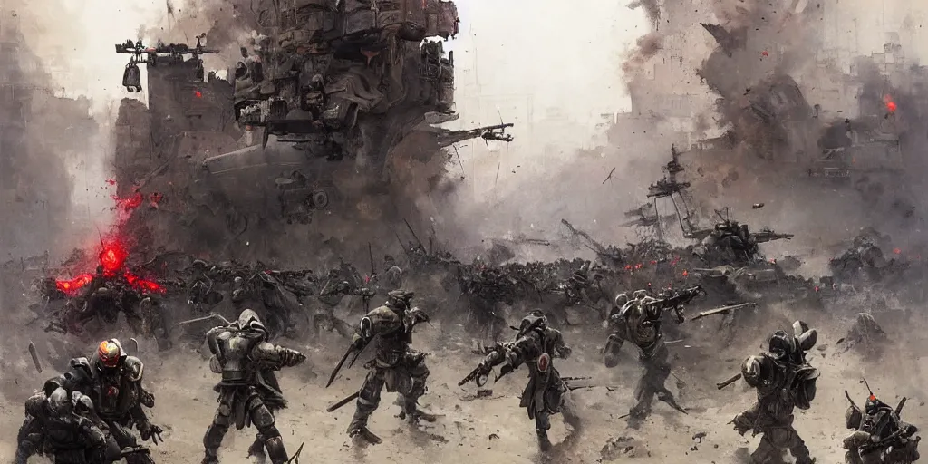 Prompt: french army and civilians are getting slaughtered by demonic samurai robot in the interbellum paris, very detailed painting, concept art, intense heavy street battle, pile of bodies, blood on the streets, art by greg rutkowski and jakub rozalski