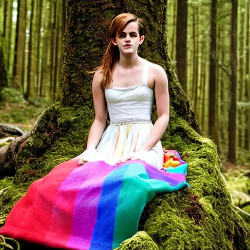 Prompt: photo of emma watson as an elf wearing a long rainbow wedding gown sitting in a colorful forest