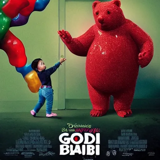 Prompt: a gummy bear comes to life as a human but is gobbled up by a child, portrait, cinematic blockbuster comedy, good times.