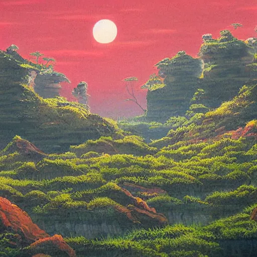 Image similar to detailed painting of a lush natural scene on an alien planet by tojiro oshita. beautiful landscape. weird vegetation. cliffs and water.