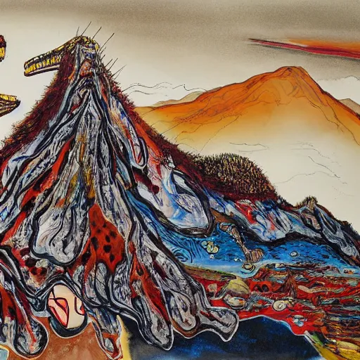 Prompt: a detailed painting titled sad mountain giant by gerald scarfe and ralph steadman