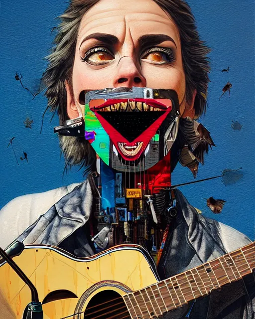 Image similar to a portrait of an anthropomorphic cyberpunk bald eagle screeching while strumming an acoustic guitar by sandra chevrier, by jon foster, detailed render, tape deck, epic composition, cybernetics, 4 k realistic, cryengine, realistic shaded lighting, sharp focus, masterpiece, by enki bilal