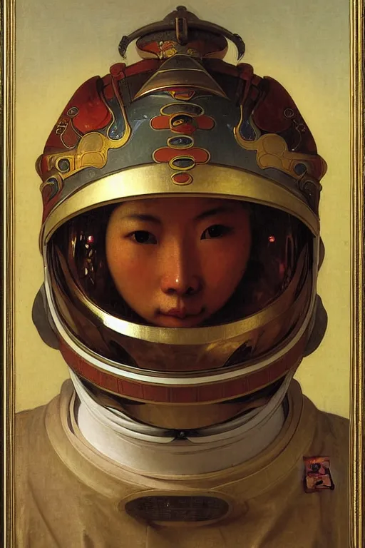 Image similar to portrait of a astronaut is a chinese dragon in armor and helmet, majestic, solemn, luminous accessories, by bouguereau