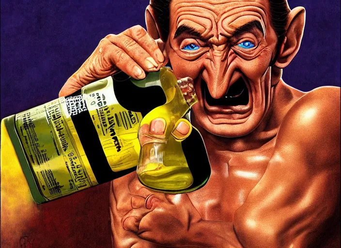 Prompt: barry chuckle chugging a bottle of snake oil, artwork by richard corben, 3 d, high resolution 8 k