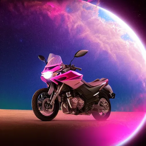 Prompt: high detail photo of a deserted, yamaha motorcycle colored pink floating in space inside magic colorful glowing sparkling fog, circular planet behind it, starry sky, tranquil, desolate, atmospheric, hazy, autochrome, 8k, reflections, octane render, unreal engine 5