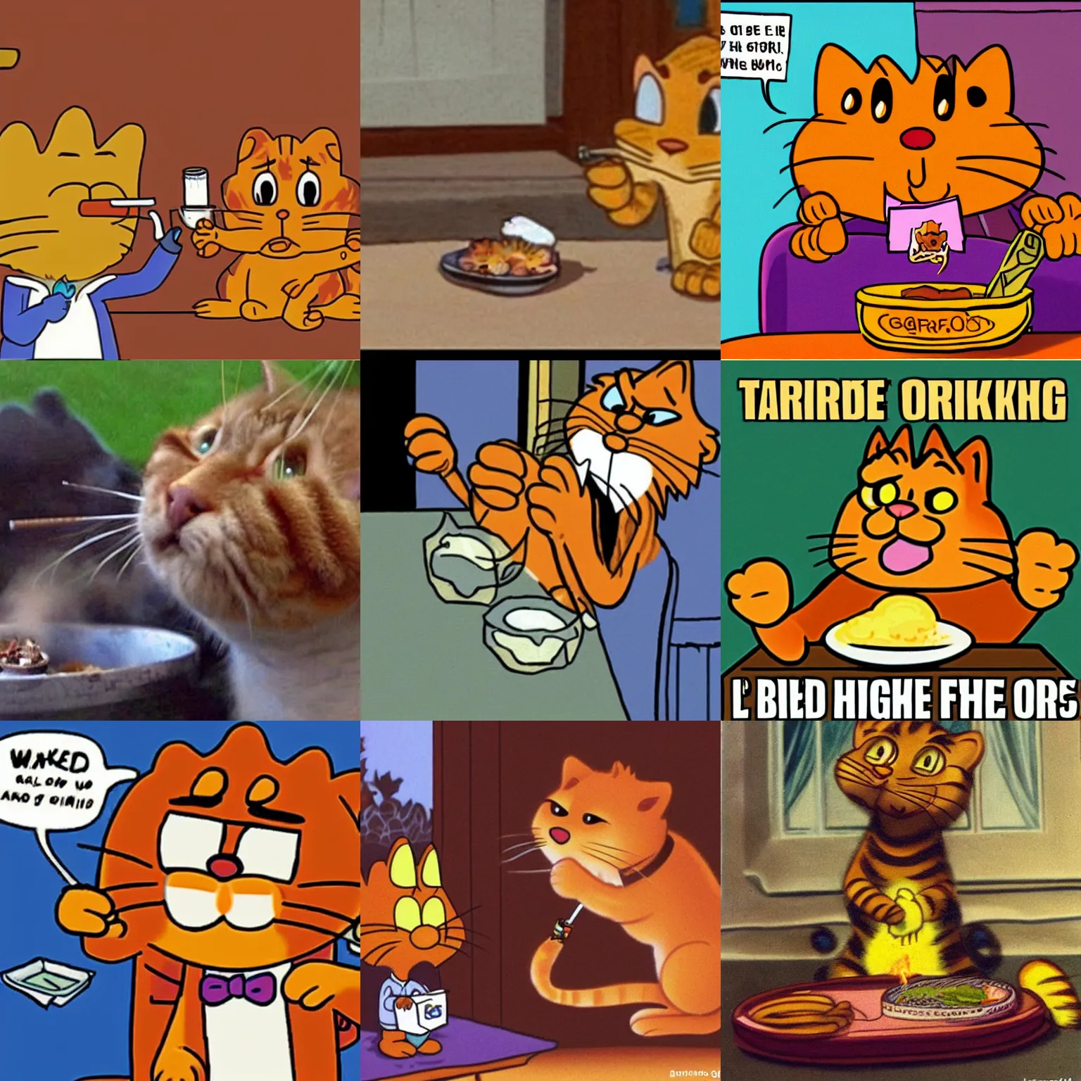 Prompt: Garfield the cat toking on a joint to get high