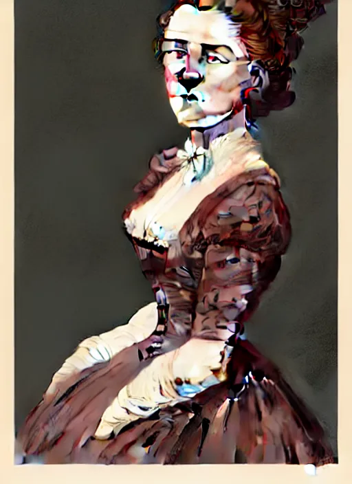 Image similar to a portrait of a young irish woman with a crooked nose in victorian clothing, confident pose, intricate, elegant, sharp focus, illustration, highly detailed, concept art, matte, trending on artstation, anime, art by james jean and artgerm and brian despain and alberto mielgo, greg rutkowski, wlop, ilya kuvshinov, strong strokes