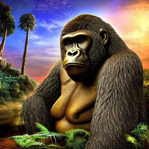 Prompt: fantasy digital art, abandoned lost city in the jungle, highly detailed. Golden hour, statue of a giant gorilla