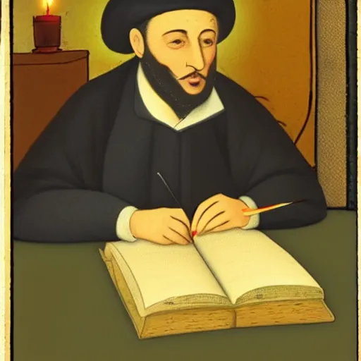 Prompt: maimonides writing by candlelight, in the style of a veggie tales cartoon