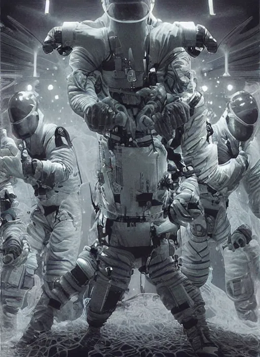 Prompt: infrared astronauts in dark void underwater - complex and hyperdetailed technical suit. reflection and dispersion materials. rays and dispersion of light. glowing light. volumetric light. f / 3 2. noise film photo. flash photography. ultra realistic, wide angle. poster by wayne barlowe, hajime sorayama aaron horkey, craig mullins