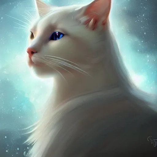 Prompt: portrait of a beautiful white cat celestial background,, fantasy, highly detailed, cinematic lighting, digital art painting by artgem and greg rutkowsk, trending on artstation, very very beautiful, very attractive, high fantasy