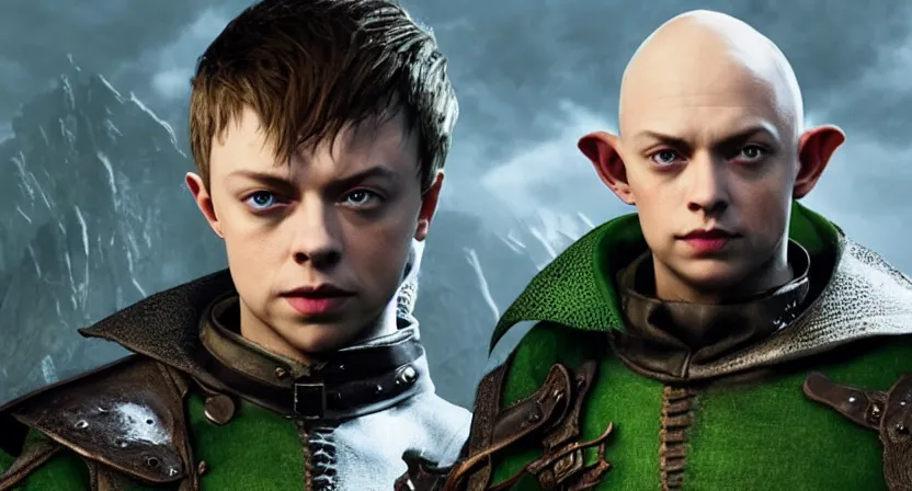 Image similar to promotional image of dane dehaan as a bald elf in dragon age : inquisition, hyperrealistic, detailed face, movie still, promotional image, imax 7 0 mm footage