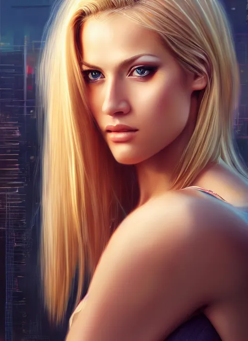 Image similar to photo of a gorgeous blonde female in the style of stefan kostic, realistic, half body shot, sharp focus, 8 k high definition, insanely detailed, intricate, elegant, art by stanley lau and artgerm, cyberpunk city backgeound