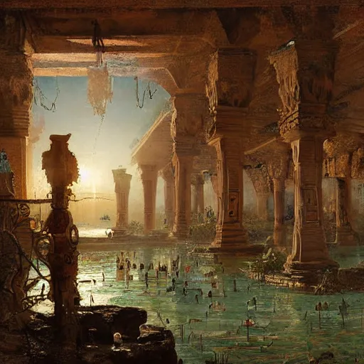 Image similar to detailed painting of a multiverse gateway in ancient mesopotamia in the middle of a sulphur lake, filigree ornaments, andreas achenbach, simon stalenhag