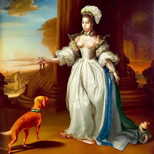 Prompt: nicki minaj walking a dachshund baroque oil painting