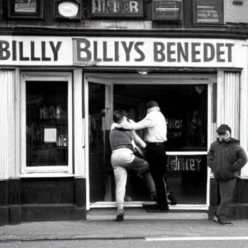 Prompt: top chend biting Billy bender on the foot in the doorway of Billy benders news agent in the square in 1990
