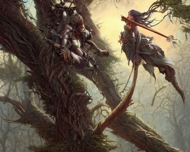 Prompt: Death is swallowed up in victory, artwork by artgerm, Long Bow and arrows, perched in a tree, wide angle, full body, DD, fantasy, highly detailed, digital painting, artstation, smooth, sharp focus, art by thomas kinkade and Stephan Martiniere and Kevin Swartz