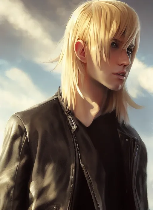 Prompt: beautiful blonde teenage boy assassin, wearing leather jacket, beautiful, detailed portrait, cell shaded, 4 k, concept art, by wlop, ilya kuvshinov, artgerm, krenz cushart, greg rutkowski, pixiv. cinematic dramatic atmosphere, sharp focus, volumetric lighting, cinematic lighting, studio quality