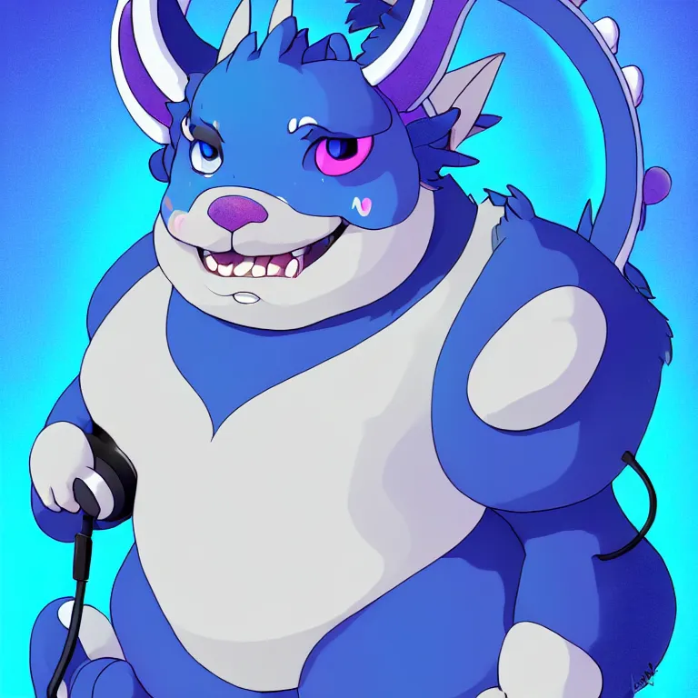 Image similar to a chubby anthropomorphic male blue dragon fursona, headphones on his head, cute, furry, beautiful, soft colors, oil on canvas, digital art, soft lighting