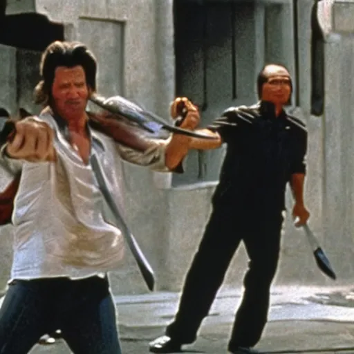 Image similar to cinematic still, Jack Burton throwing a knife at Lo Pan, amazing shot