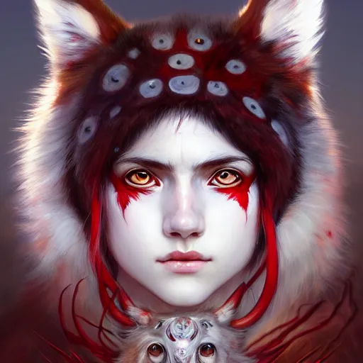 Prompt: Portrait of Princess Mononoke with red facepaint under her eyes, white fur, face, fantasy, intricate, elegant, highly detailed, digital painting, artstation, concept art, smooth, sharp focus, illustration, art by Fernanda Suarez and Artem Demura and alphonse mucha