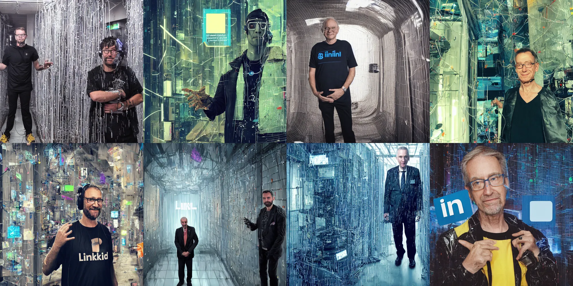 Prompt: linkedin portrait of bill trapped in a cyberpunk hyper prison but still bravely doing his charity work despite the hardship