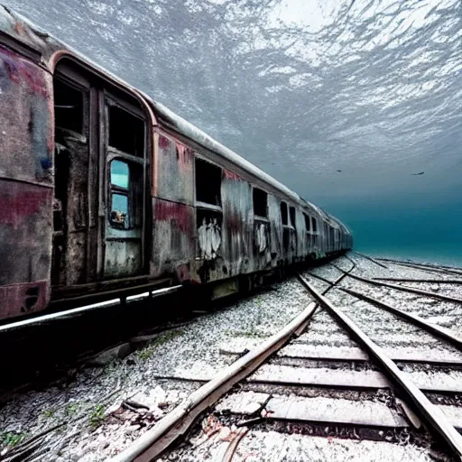 Prompt: abandoned train underwater, creepy