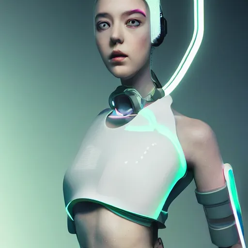 Image similar to white one cast futuristic biomechanic future human, beautiful girl, female, futuristic, neon lights, cyberpunk, 8 k, digital painting, by beeple and makoto shinkai, trending on cg society, glamour pose, fashion photography, high fashion, canon r 3, photorealistic, hyper realisitic