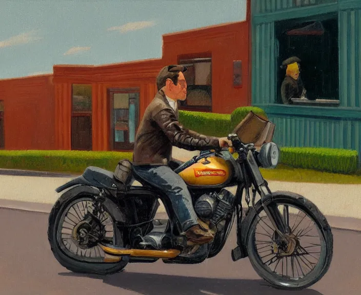 Prompt: a very detailed painting of a man wearing a leather jacket, riding a motorbike, harley davidson motorbike, worm's - eye view, very small brush strokes, in the style of edward hopper and grant wood and syd mead, 4 k,