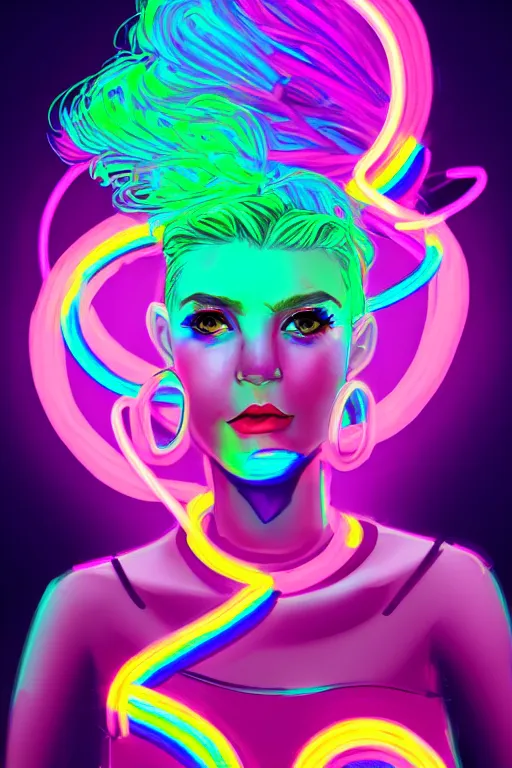 Image similar to a award winning portrait of a beautiful woman with stunning eyes in a one off shoulder croptop and cargo pants with rainbow colored hair, outlined by whirling illuminated neon lines and fine lines swirling in circles by ossdraws, digital art, trending on artstation