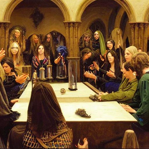 Image similar to witchcraft seminar at a university, by donato giancola and berthold woltze.