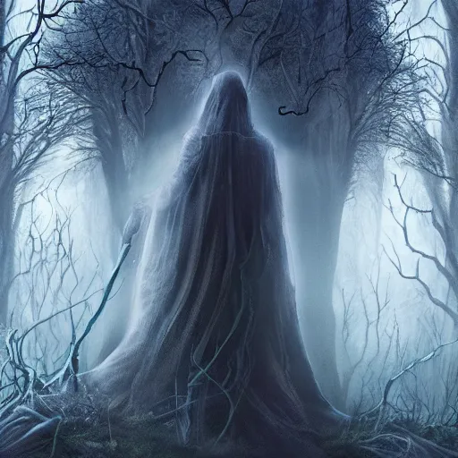 Image similar to the legend of boggey creek meets dracula and the curse of f la llorona alex grey in yggdrasil, white, night, 4 k, ultrarealistic by john stephens in high resolution another day of life