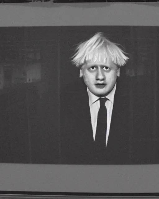 Image similar to dark still from cctv of a horror monster looking like boris johnson