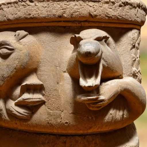 Prompt: Decorated capital of a pillar from the royal palace of Shabwa; stratigraphic context: first half of the 3rd century BC, depicting a royal capybara