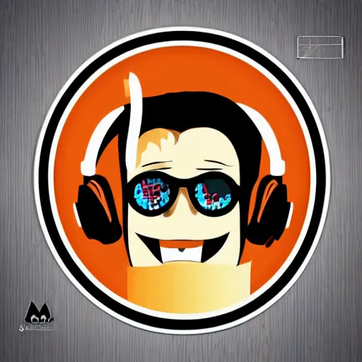 Image similar to svg vector sticker of absolutely insane-mad-scientist-villain, rocking out, wearing headphones, huge speakers, dancing, rave, DJ, spinning records, digital art, amazing composition, rule-of-thirds, award-winning, trending on artstation, featured on deviantart