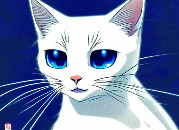 Image similar to anime visual of a white cat, with blue eyes!!!!, high quality detailed anime, cel shaded, digital art by last exile murata range blue submarine no 6, hd, ambient light