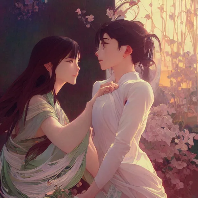 Image similar to the most important thing is you're happy, i understand that. oil painting, byross tran and alphonse mucha makoto shinkai