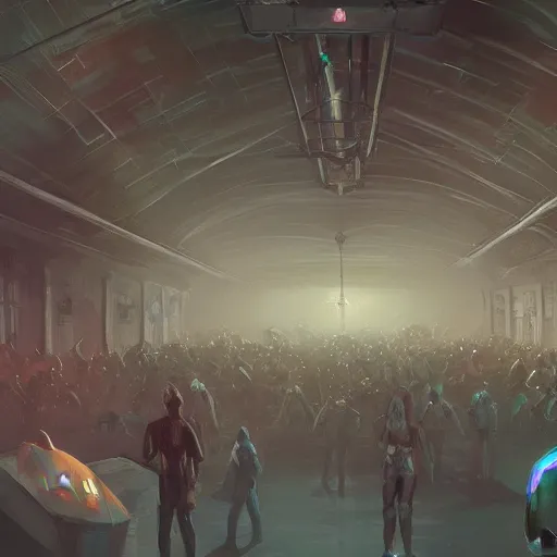 Image similar to hall in cyber space concept, a lot of people siting on tables, large screen, artstation, halloween