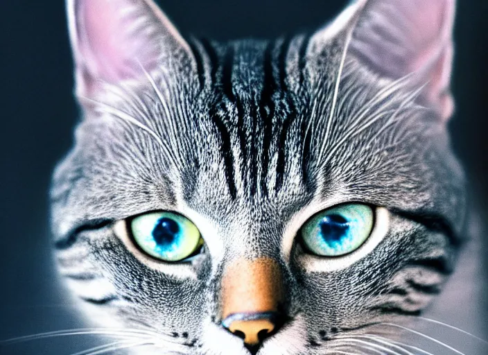 Prompt: portrait of a grey tabby cat, blue eyes, anime, shigeto koyama,jean giraud, manga, 28mm lens, vibrant high contrast, gradation, cinematic, rule of thirds, great composition, intricate, detailed, flat, matte print, sharp,clean lines,masakazu katsura