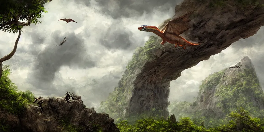 Image similar to a pterodactyl flies over a rock cliff in the prehistoric jungle, a t-rex on the cliff roars, ominous sky, james gurney, artstation