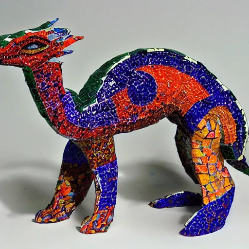 Image similar to mosaic sculpture of a alebrije chimera!!!, irregularly shaped mosaic tiles, hand glazed pottery shards, in the style of folk art, blank background