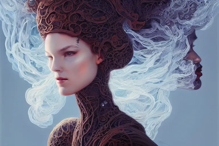 Prompt: portrait of a woman made of lace and smoke, peter mohrbacher, artgerm, James Jean