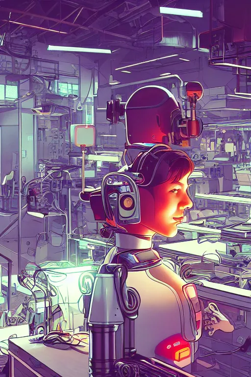 Prompt: closeup of pretty girl working in a small robot repair shop, broken android laying on the ground, chrome reflections, surreal illustration by moebius , Ilya Kuvshinov, dynamic lighting, glowing lights, neons, science fiction