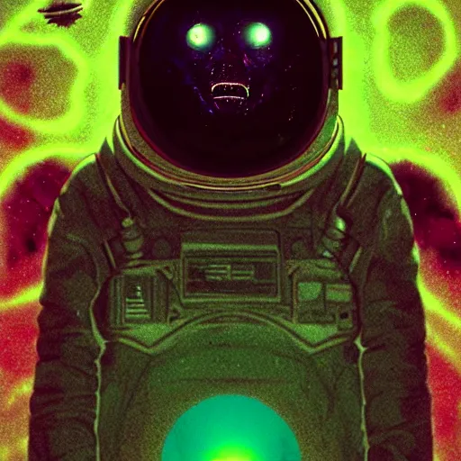 Image similar to beautiful dark astronaut, horror poster 9 0 s, cosmic horror, abstract, ghostly, arcade, duotone, poltergeist, lets get weird, intricate, elegant, highly detailed, smooth, sharp focus, unreal engine 5, raytracing, art by beeple and mike winkelmann, ultraviolet colors,