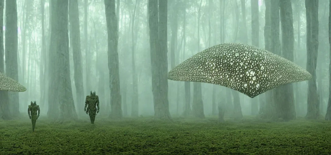 Image similar to a humans perspective of a complex organic fractal 3 d metallic symbiotic ceramic humanoid megastructure creature in a swampy lush forest, foggy, cinematic shot, photo still from movie by denis villeneuve