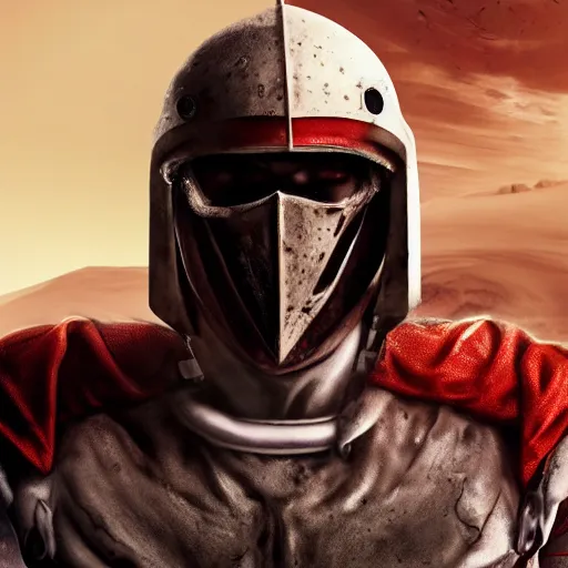 Image similar to full body shot of a muscular soldier vertical nose slits, angular eyebrows, blood - spattered glossy sleek white dinged scuffed armor and a long torn red cape, heroic posture, battle - weary, strained expression, determined expression, no helmet, on the surface of mars, dramatic lighting, cinematic, sci - fi, hyperrealistic, detailed