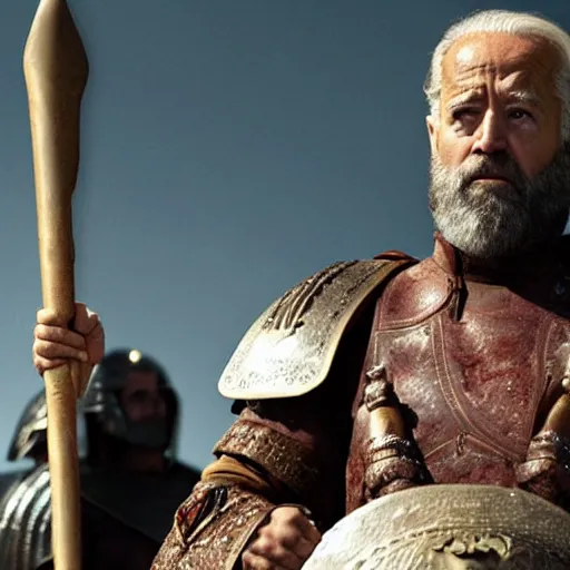 Image similar to movie still of Joe Biden as King Leonidas in 300