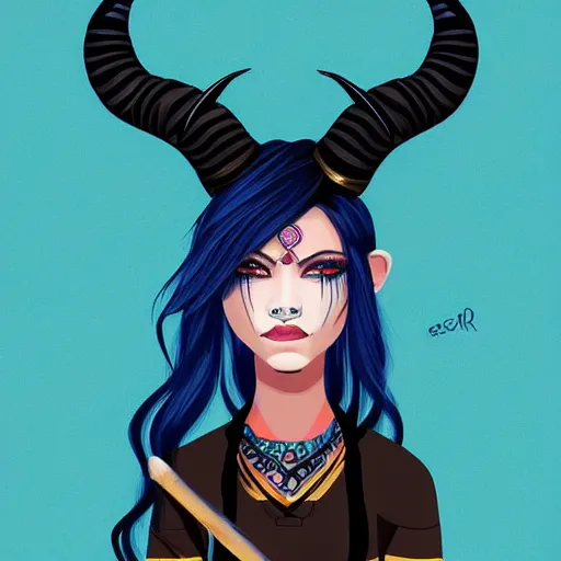 Prompt: illustrated portrait of ram-horned devil woman with blue bob hairstyle and hex #FFA500 colored skin tone and with solid black eyes wearing leather by rossdraws