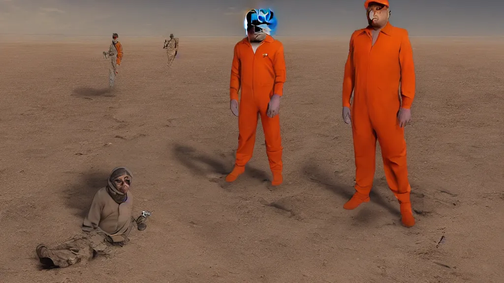 Prompt: Donald Trump wearing an orange jumpsuit captured by ISIS militants in the desert, Kodak film photo, 8k, highly detailed, artstation