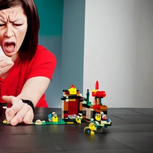 Image similar to Angry woman destroying a lego set